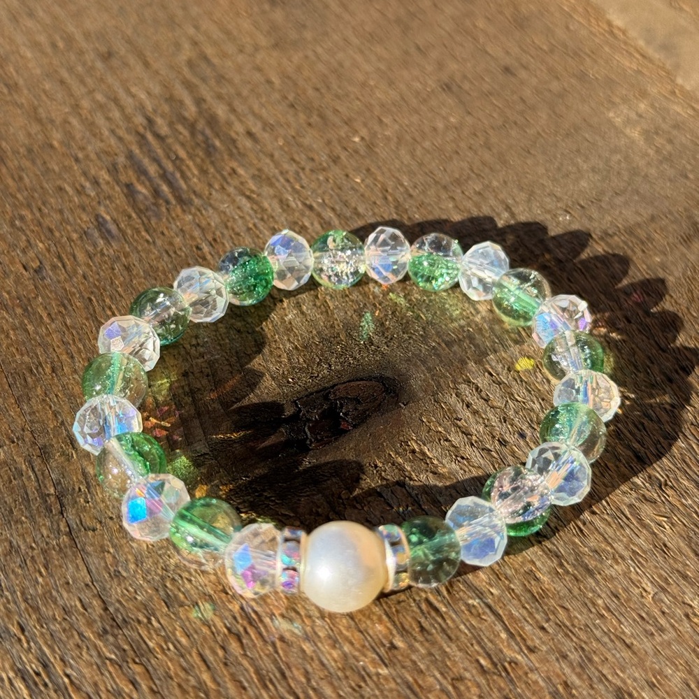 Elegant Green Sea glass and Clear Andara crystal Beaded Bracelet